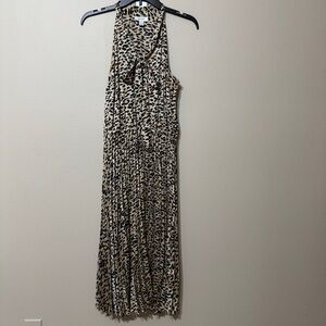 On 34th Leopard Print Midi Dress Women's Size S Neck Scarf Tie Pleated A-Line